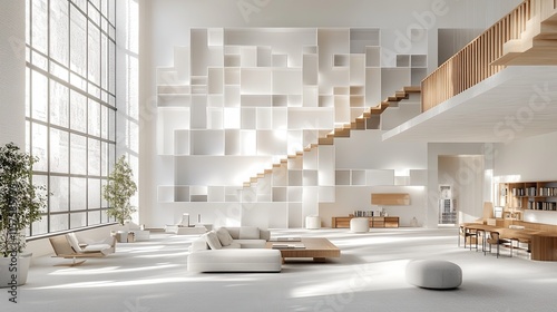 A multipurpose mock-up wall in a contemporary white open-plan office is perfect for design layouts and business presentations. 