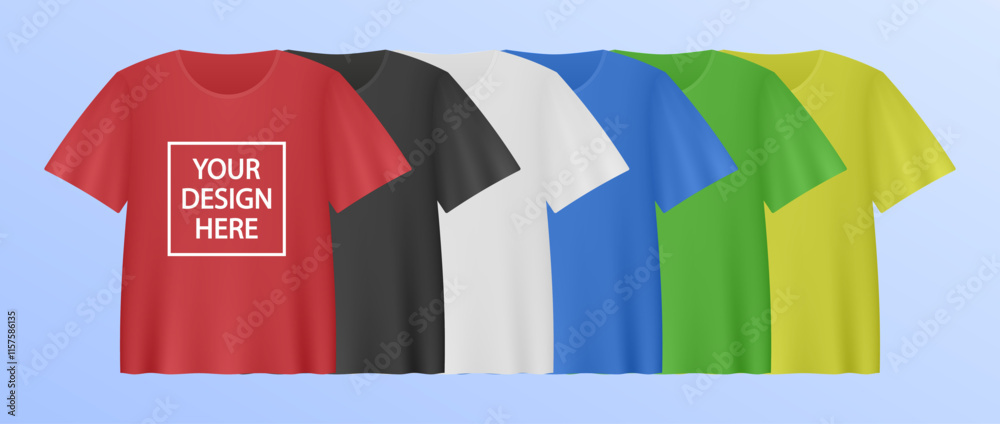 Fototapeta premium White, red, blue, green, yellow and black T-shirts. Realistic 3d mockup of T-shirt with short sleeves. Empty space for your design. Print shop 