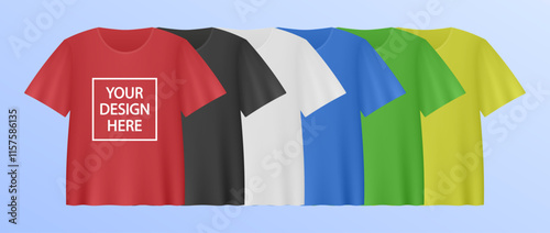 White, red, blue, green, yellow and black T-shirts. Realistic 3d mockup of T-shirt with short sleeves. Empty space for your design. Print shop	