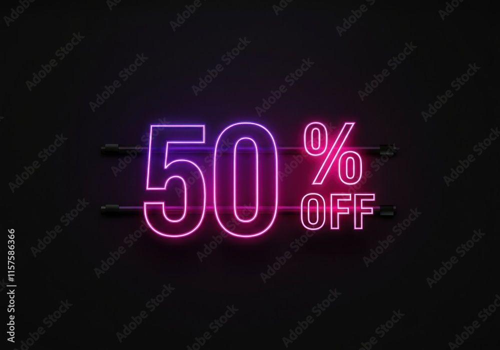 Neon fifty percent off sign glowing on a dark wall, perfect for advertising sales and promotions Neon fifty percent off sign glowing on a dark wall, perfect for advertising sales and promotions