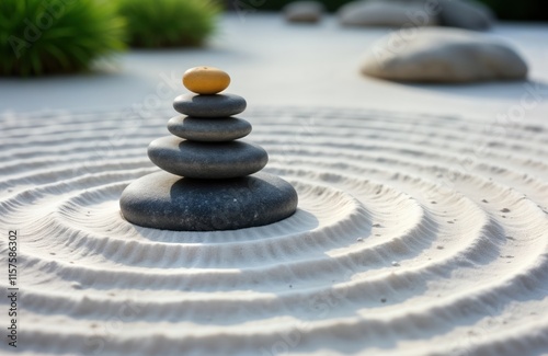 Zen garden design with gray stones arranged in pyramid shape on white sand. Circular patterns created in sand. Calm, tranquil scene. Focus on balance, harmony. Perfect for meditation relaxation. photo