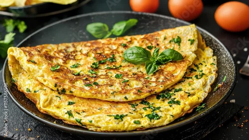 omelet in a plate on the table. Selective focus
