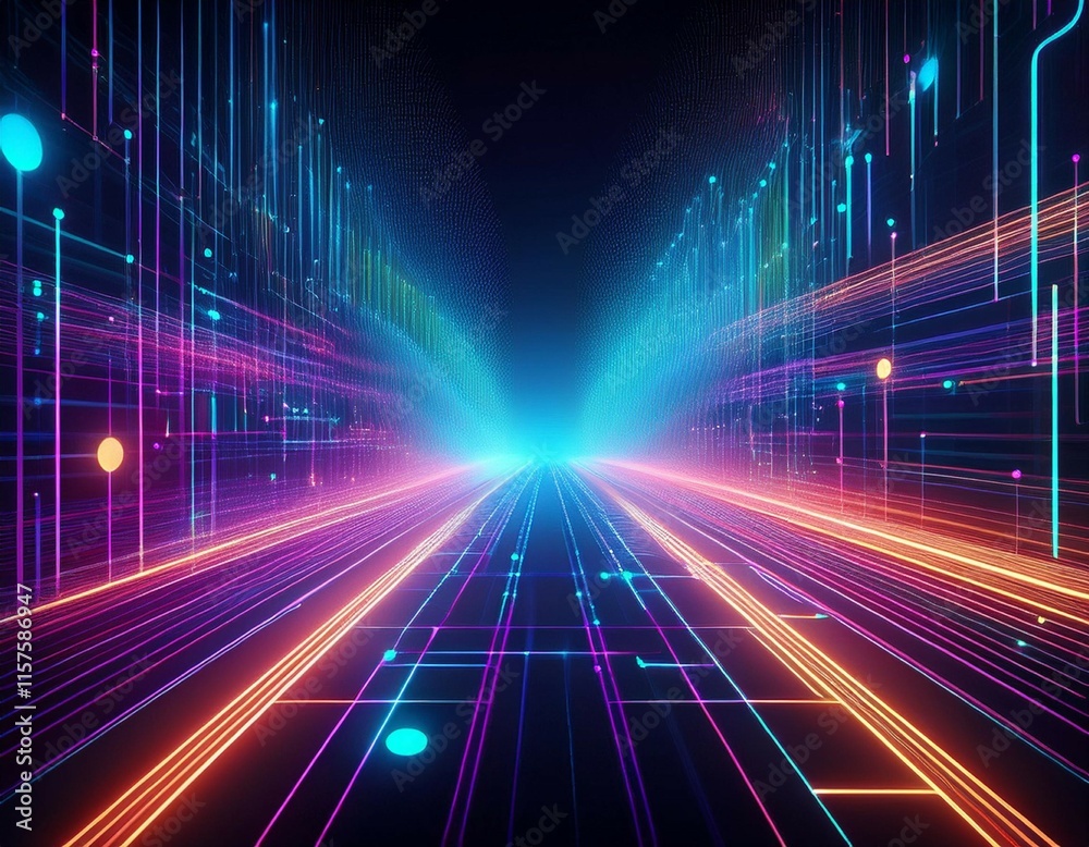 futuristic neon data stream with glowing lines and dots futuristic neon data stream with glowing lines and dots