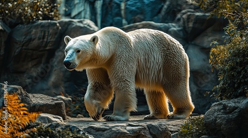 A magnificent polar bear strolling alone against a clear backdrop 