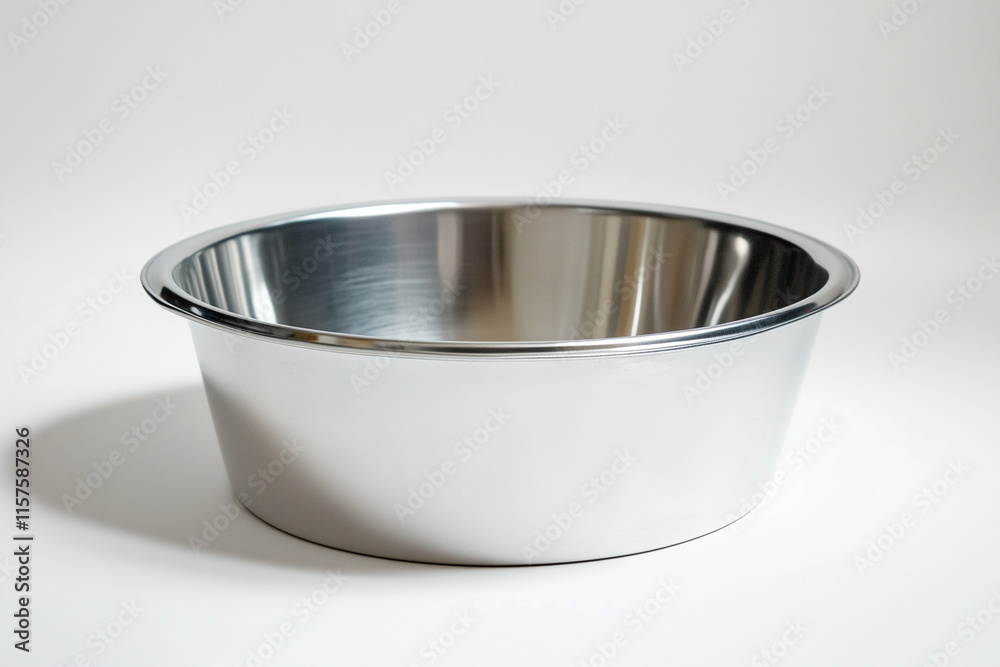 silver bowl is sitting on a white background. The bowl is empty and has a shiny, reflective surface silver bowl is sitting on a white background. The bowl is empty and has a shiny, reflective surface