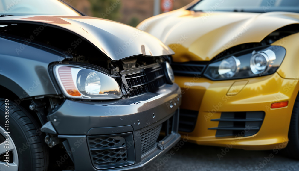 Two cars collided on road. Grey car, yellow car damaged front ends. Hoods open. Accident happened outdoors on roadway. Cars damaged from crash. Collision caused significant front-end damage. Scene Two cars collided on road. Grey car, yellow car damaged front ends. Hoods open. Accident happened outdoors on roadway. Cars damaged from crash. Collision caused significant front-end damage. Scene