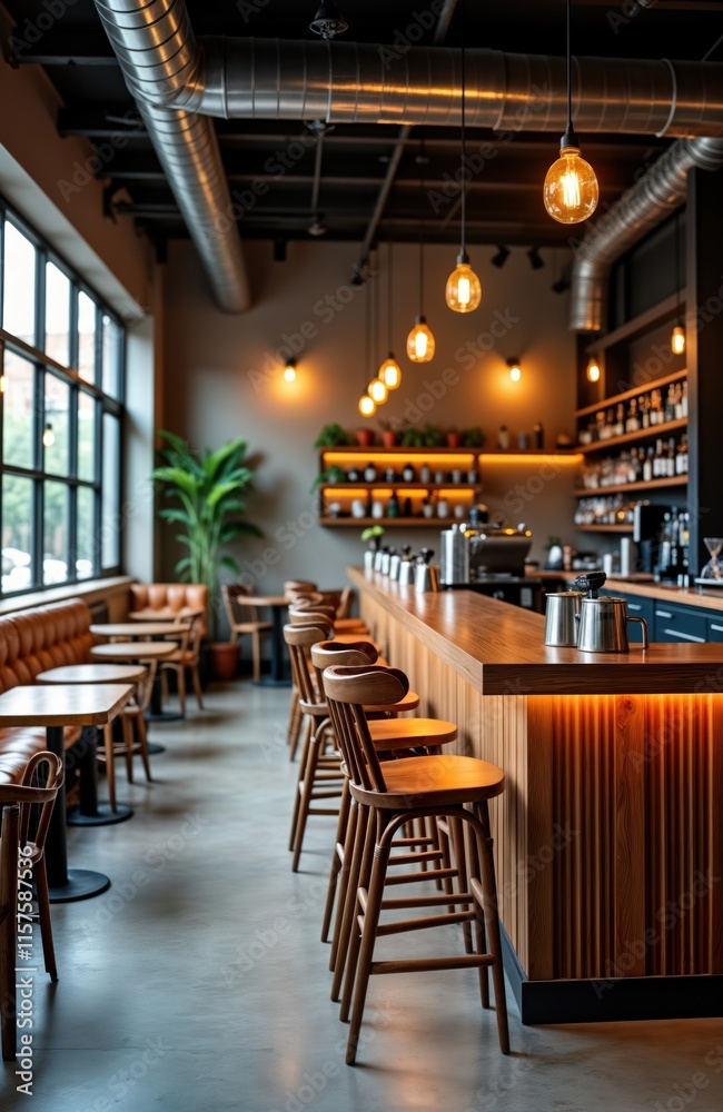 Rustic chic coffee shop interior. Wooden bar with stools. Tables, leather couch areas. City life urbanity. Trendy hot drink venue. Customers relax, enjoy coffee break. Sophistication, inviting Rustic chic coffee shop interior. Wooden bar with stools. Tables, leather couch areas. City life urbanity. Trendy hot drink venue. Customers relax, enjoy coffee break. Sophistication, inviting