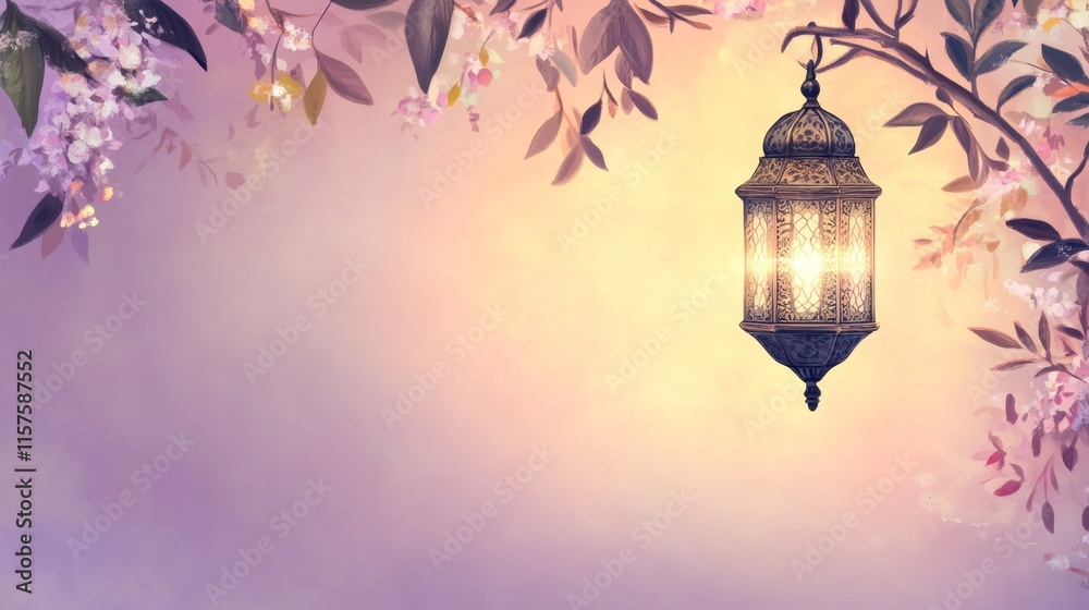 Obraz premium Illuminated Lantern Hanging Amidst Blooming Branches