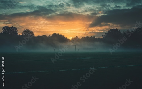 Misty Sunrise over Football Field: A Serene and Peaceful Dawn photo