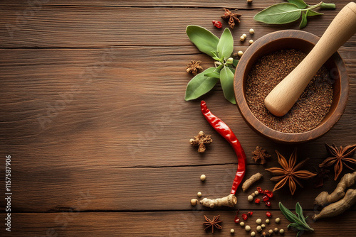 wooden table with a bowl of spices and a mortar and pestle. The spices include red pepper flakes, parsley, and cumin