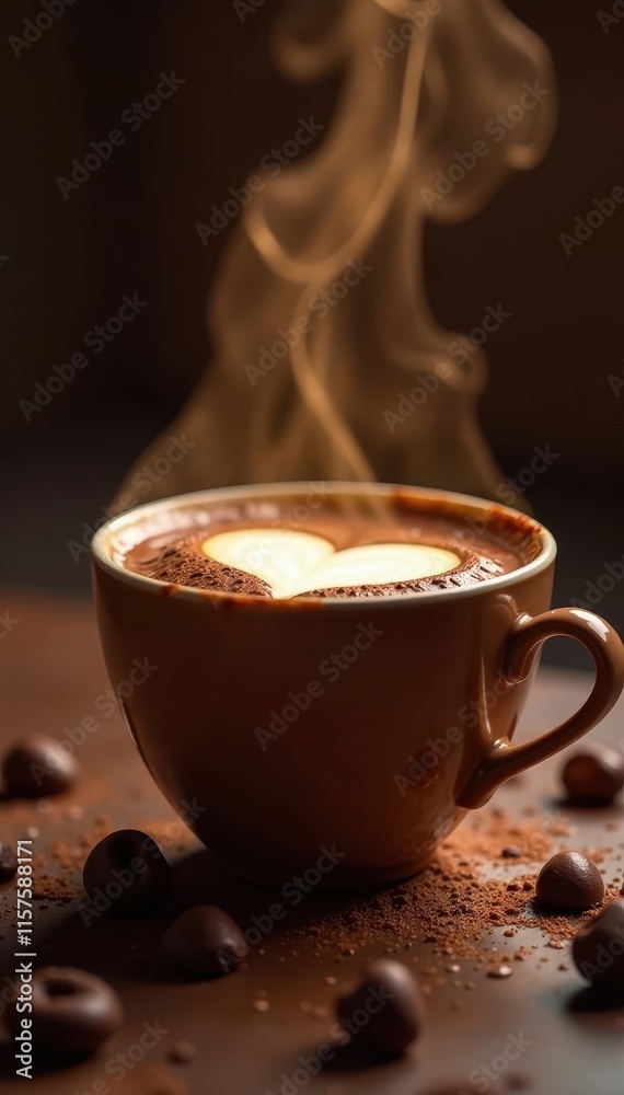 Golden heart melts in steaming hot chocolate, rich brown liquid , heart, confectionery Golden heart melts in steaming hot chocolate, rich brown liquid , heart, confectionery