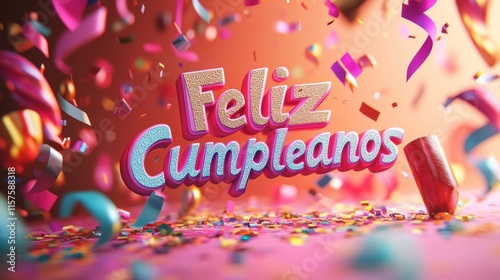 Feliz Cumpleanos: A Vibrant 3D Birthday Celebration with Confetti and Festive Colors