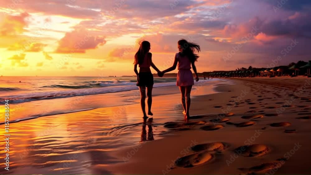 Happy Young Adult girlfriends walking on the beach during sunset, super slow motion Happy Young Adult girlfriends walking on the beach during sunset, super slow motion