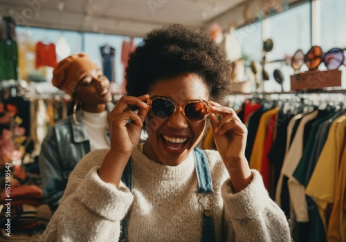 Young woman trying on sunglasses and having fun while shopping with a friend in a vintage clothing store