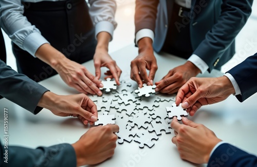 Business team assembles jigsaw puzzle. Diverse group collaborates on problem-solving project. Hands work together to complete puzzle as metaphor for teamwork, success. Image business strategies,