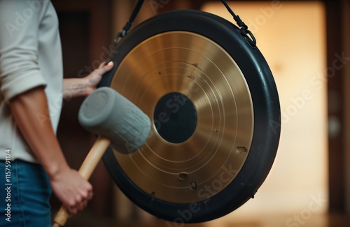 Woman musician plays gong. Close up photo shows female hand hitting gong with hammer. Traditional music instrument. Sound, vibrations. Asia culture, healthy lifestyle concept. Gong sound used for