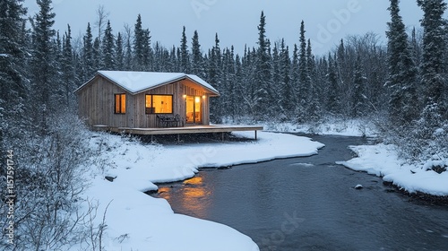 A wooden cabin nestled in a snowy forest. 