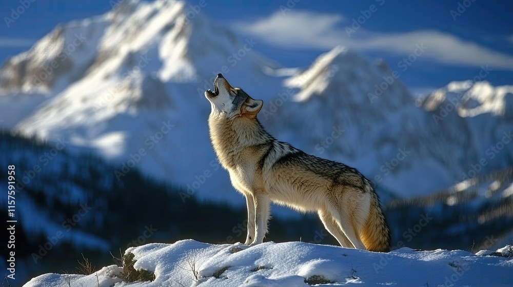 A wolf howling at the moon with snow-covered mountains in the background. A wolf howling at the moon with snow-covered mountains in the background.