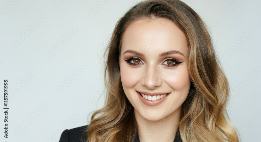 Naklejka premium Friendly caucasian female professional with long blonde hair smiling in modern business attire