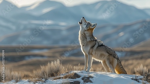 A wolf howling at the moon with snow-covered mountains in the background. 