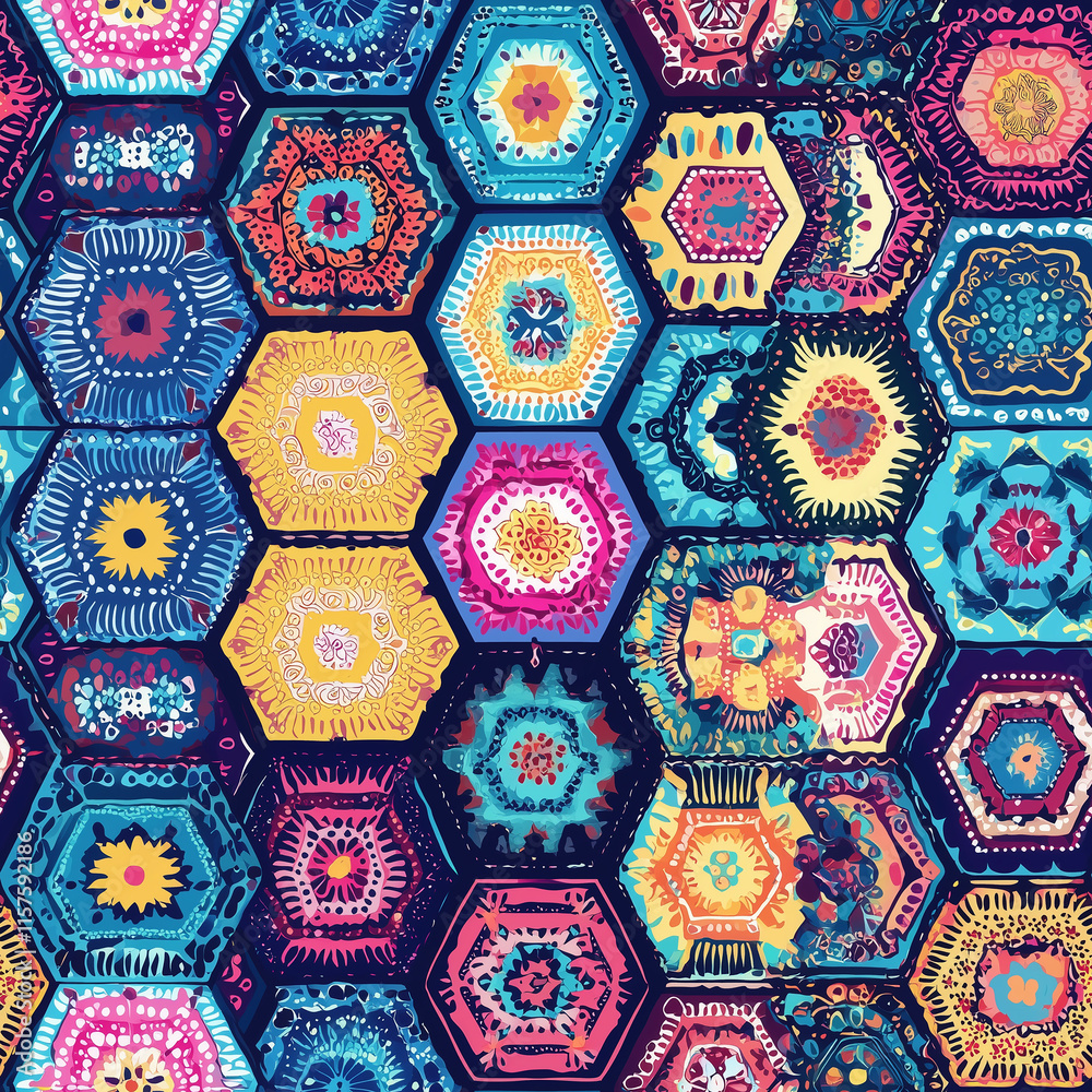 Exploring the vibrant bandhani tie-dye textile patterns in colorful hexagonal design textile art indoor setting aesthetic viewpoint Exploring the vibrant bandhani tie-dye textile patterns in colorful hexagonal design textile art indoor setting aesthetic viewpoint