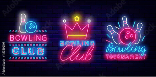 Bowling neon labels collection. Crown and strike. Leisure sport. Glowing sign. Vector stock illustration