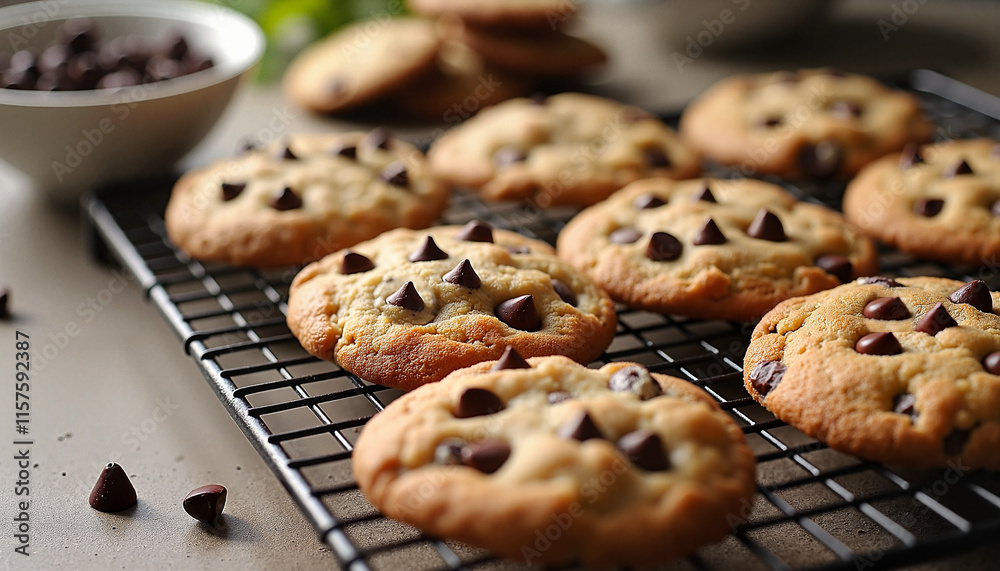 Freshly baked chocolate chip cookies on cooling rack Freshly baked chocolate chip cookies on cooling rack