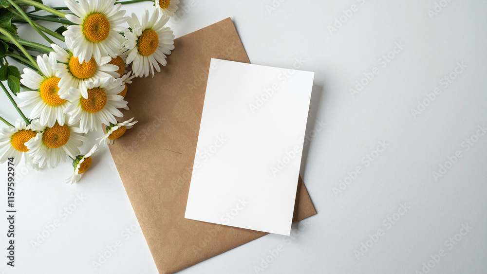 Charming Feminine Stationery Mock-up: Blank Card, Craft Envelope, and Daisies for Greeting Card Brands and Lifestyle Blogs Charming Feminine Stationery Mock-up: Blank Card, Craft Envelope, and Daisies for Greeting Card Brands and Lifestyle Blogs
