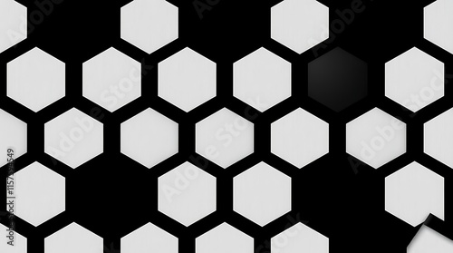 Abstract Hexagon Pattern: Monochromatic design of repeating hexagons in black and white, creating a visually striking geometric texture.  One hexagon stands out in solid black. photo