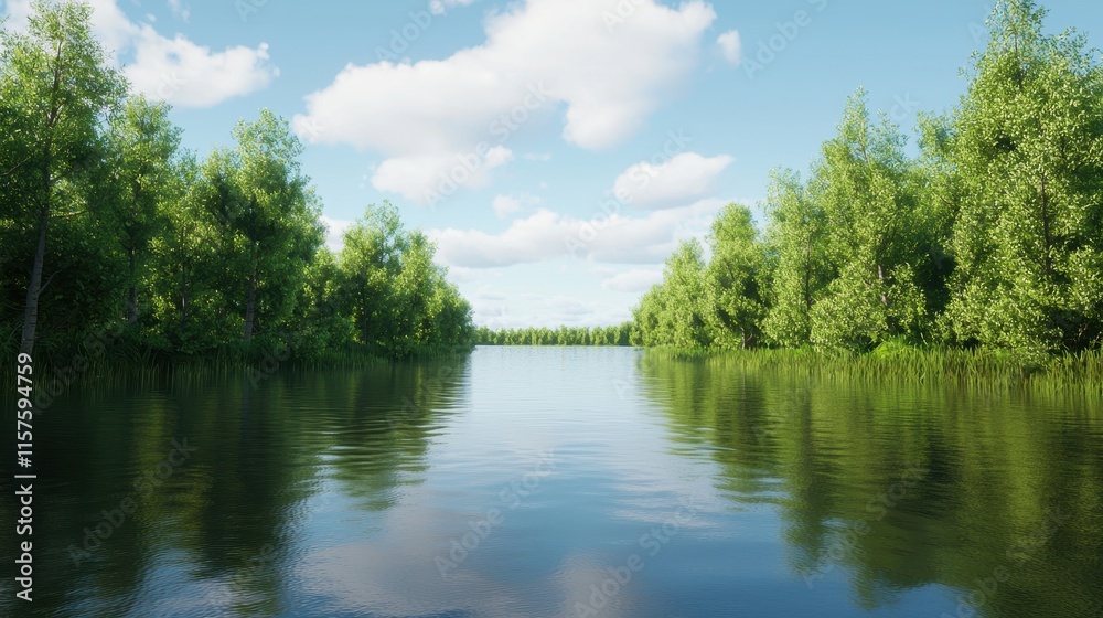 Obraz premium Serene River Landscape Surrounded by Lush Green Trees Under Sky