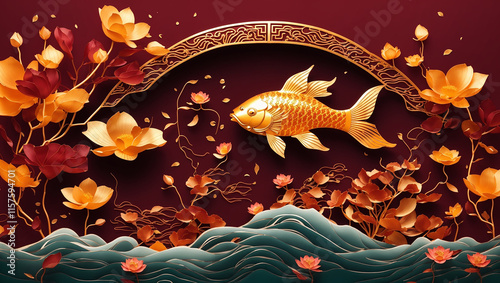 A stylized golden fish swims amidst gold flowers and rolling waves. This illustration is part of a series of holiday-themed generative art.