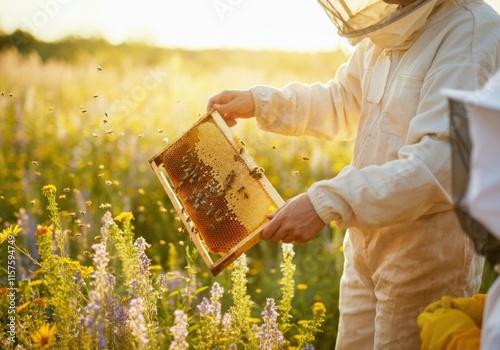 Fototapeta Naklejka Na Ścianę i Meble -  Beekeeper extracting honey from beehive in a meadow full of flowers at sunset