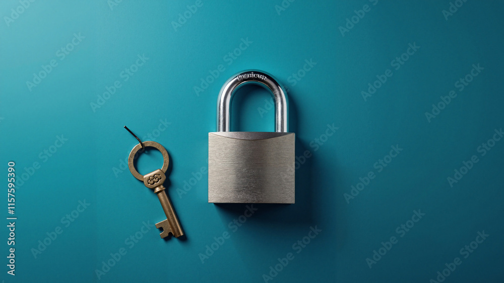 Protection Concept: Silver Padlock and Brass Key on Deep Blue Background for Security Campaigns and Financial Services Protection Concept: Silver Padlock and Brass Key on Deep Blue Background for Security Campaigns and Financial Services