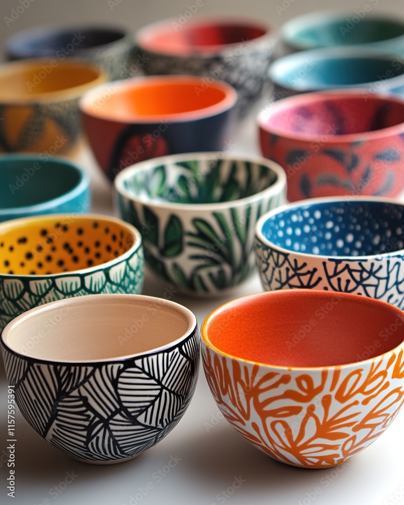 Colorful ceramic bowls display intricate patterns and vibrant hu Colorful ceramic bowls display intricate patterns and vibrant hu