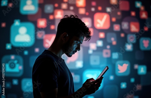 Man looks at smartphone. Many app notification bubbles surround. Overwhelmed by social media. Tech overload, anxiety depicted. Person immersed in digital life with constant engagement. Image photo