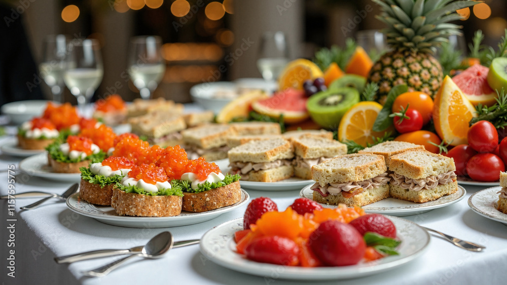 Elegant Catering Banquet Table: Gourmet Appetizers for Corporate Events, Weddings, and Luxury Celebrations Elegant Catering Banquet Table: Gourmet Appetizers for Corporate Events, Weddings, and Luxury Celebrations