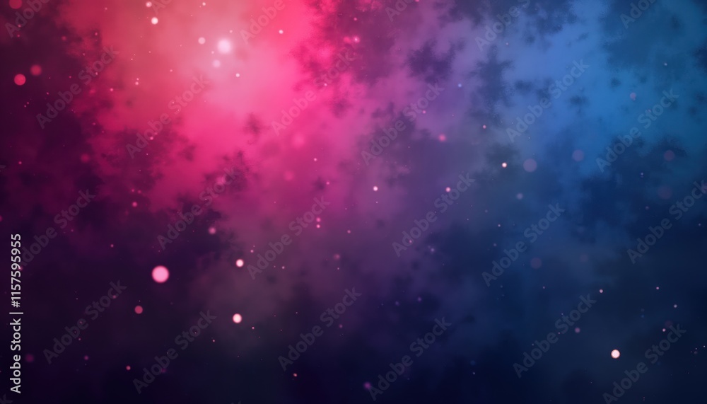 Naklejka premium Abstract space-themed graphic with vibrant color gradients of dark purple pink, blue. Grungy texture, grainy noise create sense of depth, energy. Soft light, glow effects give futuristic vibe. Ideal