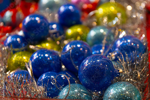 Colorful shiny Christmas balls for the Christmas tree. Christmas decoration close-up