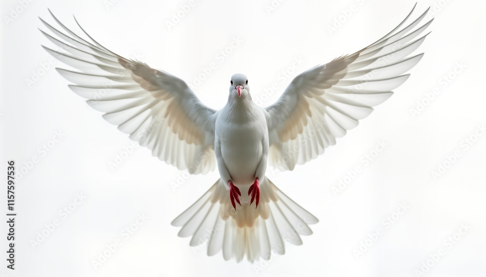 Fototapeta premium White dove soars in tranquil flight against transparent background. Wings wide open in beautiful display of freedom. Pure symbol of peace hope, love. Perfect for various uses like religious media