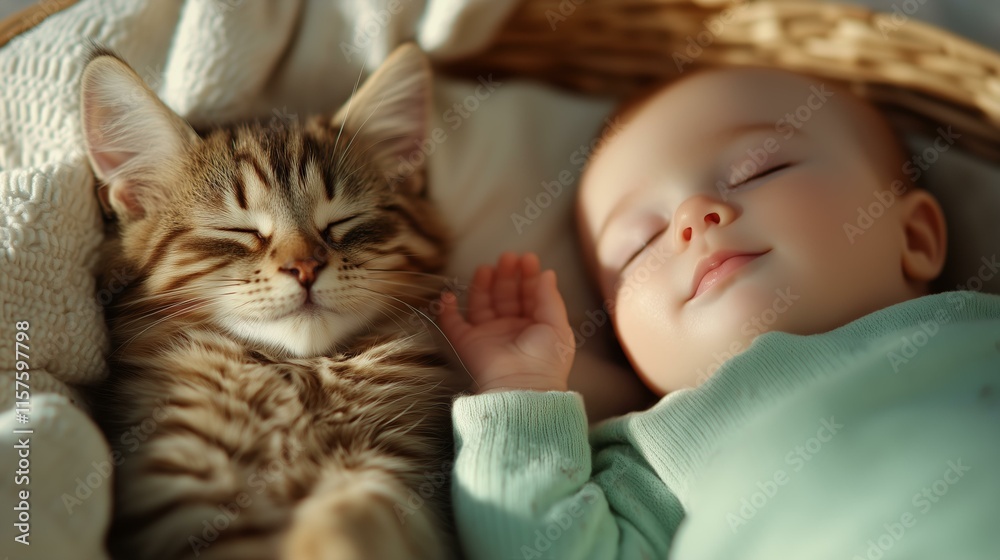 Peaceful baby and kitten sleeping together in cozy basket Peaceful baby and kitten sleeping together in cozy basket