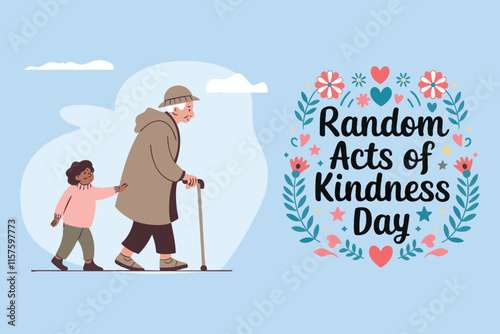 Illustration depicting Random Acts of Kindness Day with a child assisting an elderly person, symbolizing generosity and compassion.