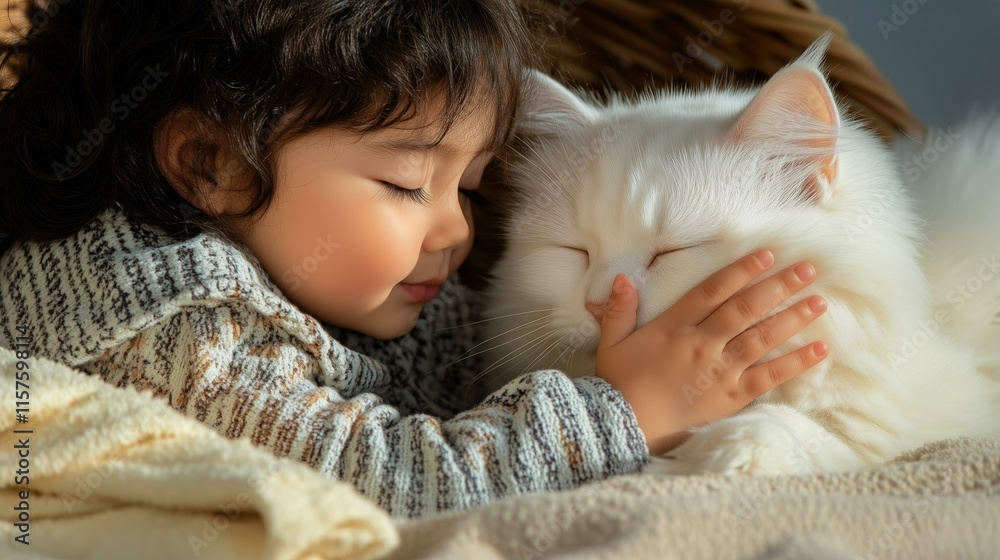 Heartwarming moment of a child embracing a fluffy white cat in cozy setting Heartwarming moment of a child embracing a fluffy white cat in cozy setting