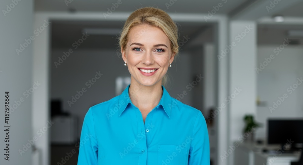 A happy young businesswoman smiling and standing in an office, wearing a blue shirt
A happy young businesswoman smiling and standing in an office, wearing a blue shirt