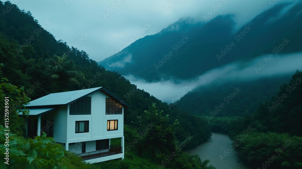 House by misty river in lush mountains image. Foggy morning hills home. Riverside retreat nature photography scene wallpaper. Natural scenery cottage concept photorealistic photo House by misty river in lush mountains image. Foggy morning hills home. Riverside retreat nature photography scene wallpaper. Natural scenery cottage concept photorealistic photo