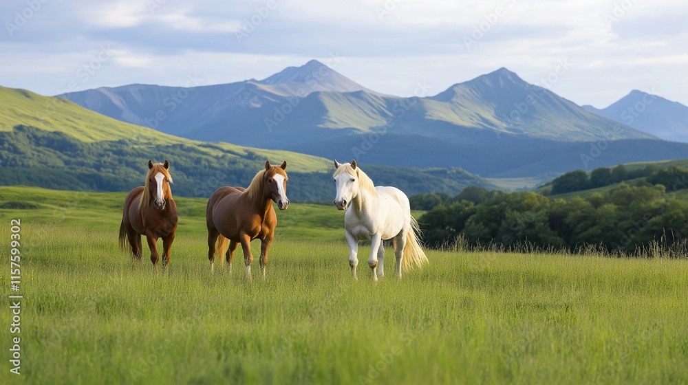 Obraz premium Three horses in lush serene pasture image. Mammals herd countryside pastoral mountains photography scene wallpaper. Nature animals equine wildlife concept photorealistic photo