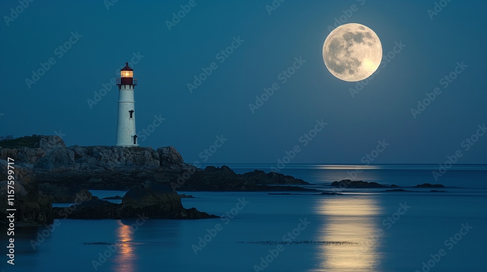 Full moon lighthouse on rocky coastline image. Serene light over ocean nighttime photography scene wallpaper. Glowing seascape reflection. Coastline beacon concept photorealistic photo Full moon lighthouse on rocky coastline image. Serene light over ocean nighttime photography scene wallpaper. Glowing seascape reflection. Coastline beacon concept photorealistic photo