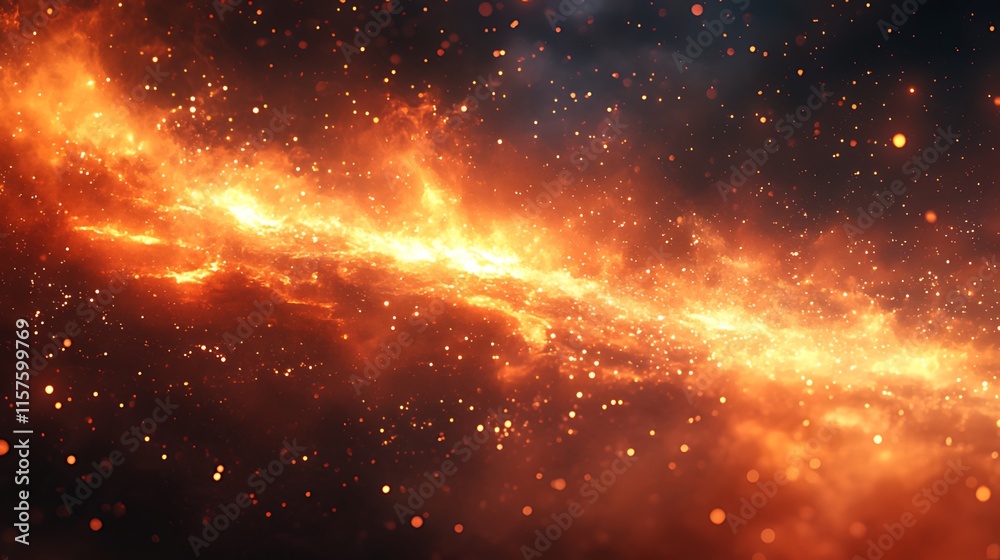 Naklejka premium Fiery cosmic nebula with glowing embers and sparks.