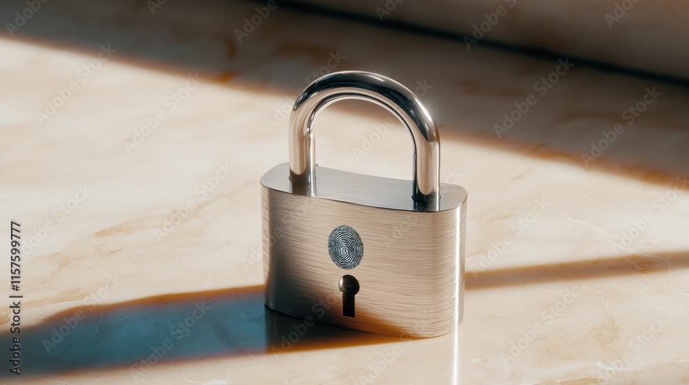 Naklejka premium Biometric security action minimalist padlock with fingerprint modern office environment macro viewpoint conceptual design