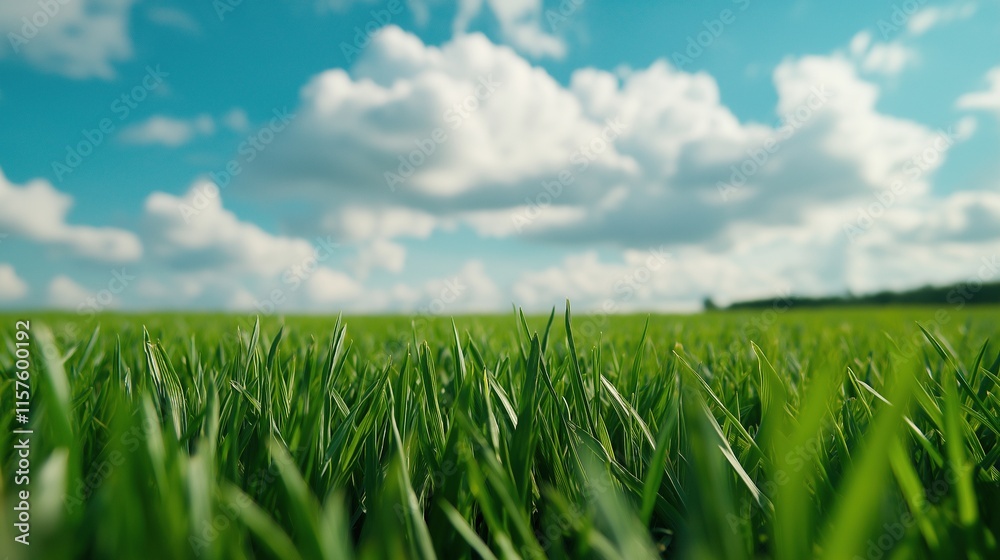 Fototapeta premium Grass field under fluffy clouds image. Serene natural landscape. Lush green blades meadow photography scene wallpaper. Grassland outdoors. Environment concept photorealistic photo