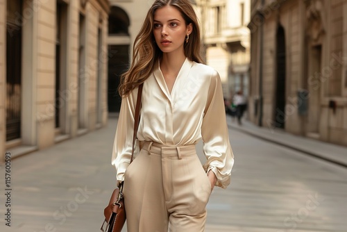 Elegant woman strolls through chic urban street, showcasing time photo